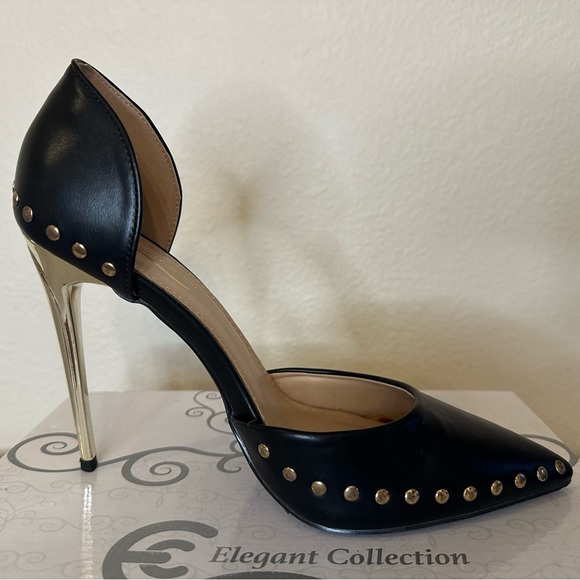 Black patent leather, closed pointy toe, with gold detailing, 4” heel. 8.5 - Picture 1 of 5